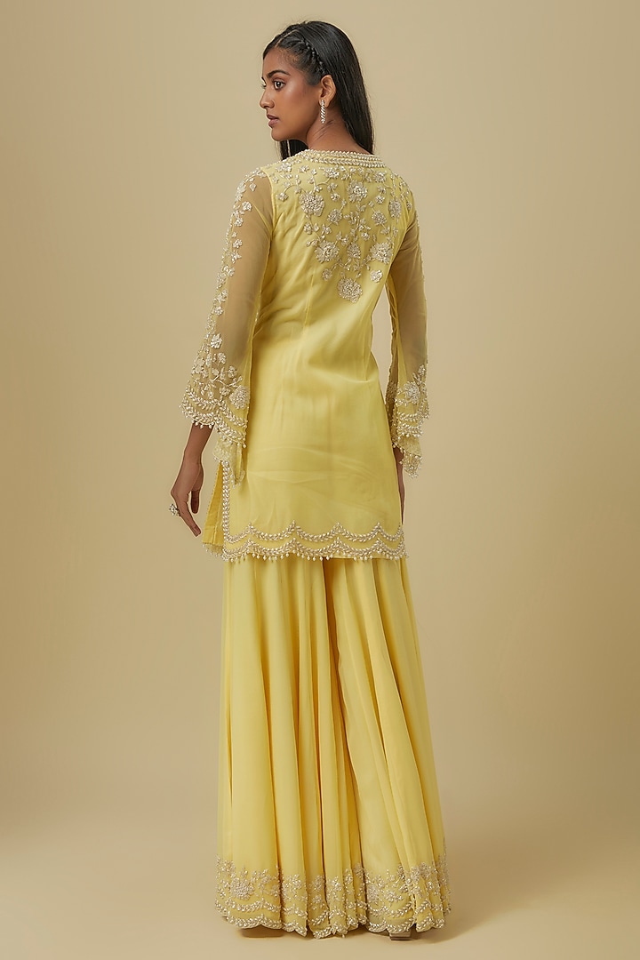 Yellow Georgette Pearl Work Bridal Sharara Set by Malasa at Pernia's Pop Up Shop