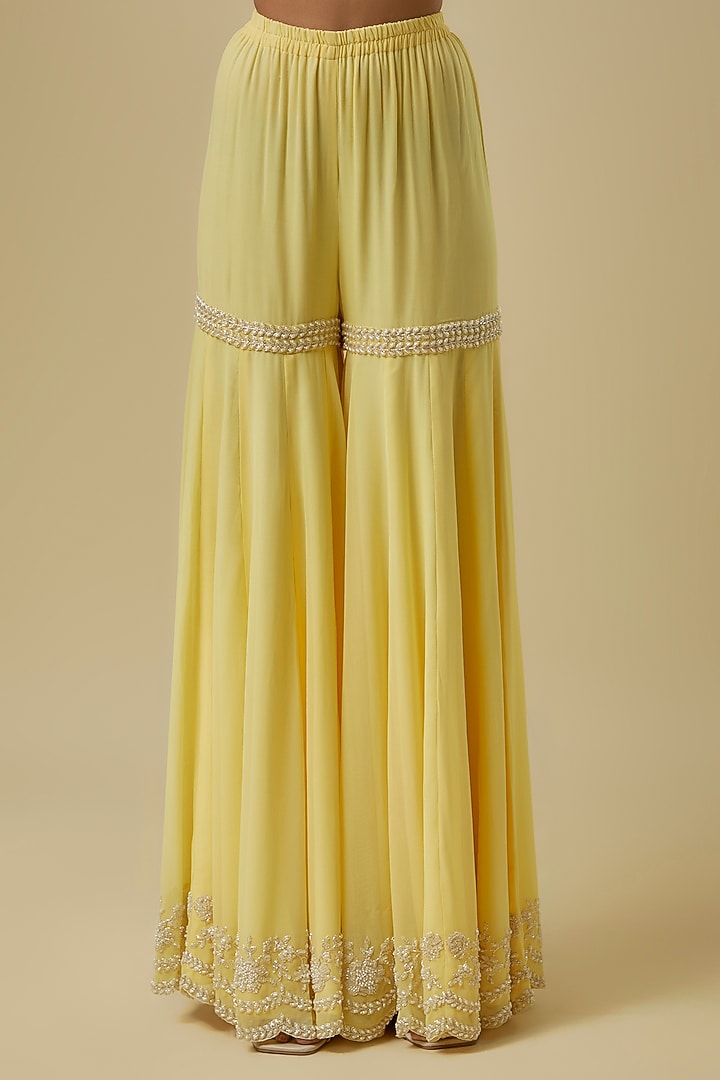 Yellow Georgette Pearl Work Bridal Sharara Set by Malasa at Pernia's Pop Up Shop