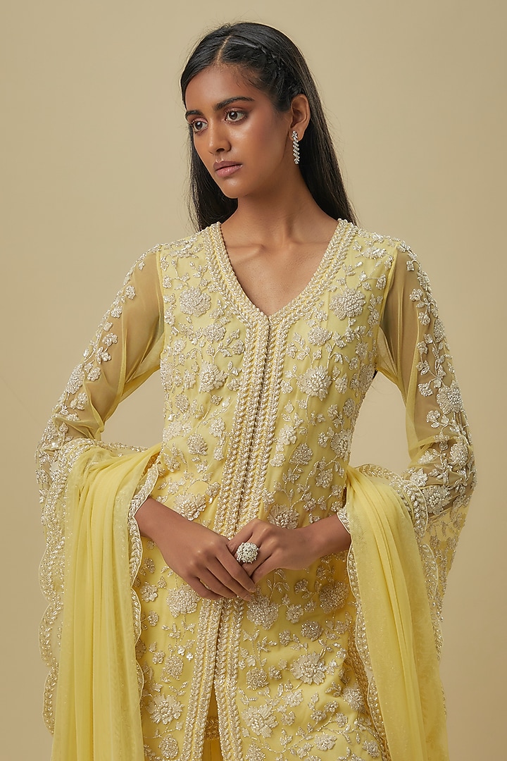 Yellow Georgette Pearl Work Bridal Sharara Set by Malasa at Pernia's Pop Up Shop