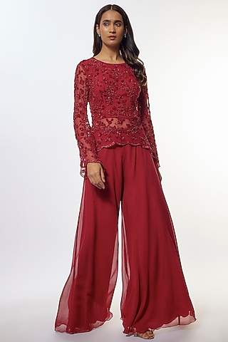 Red Georgette Sharara Set by Malasa