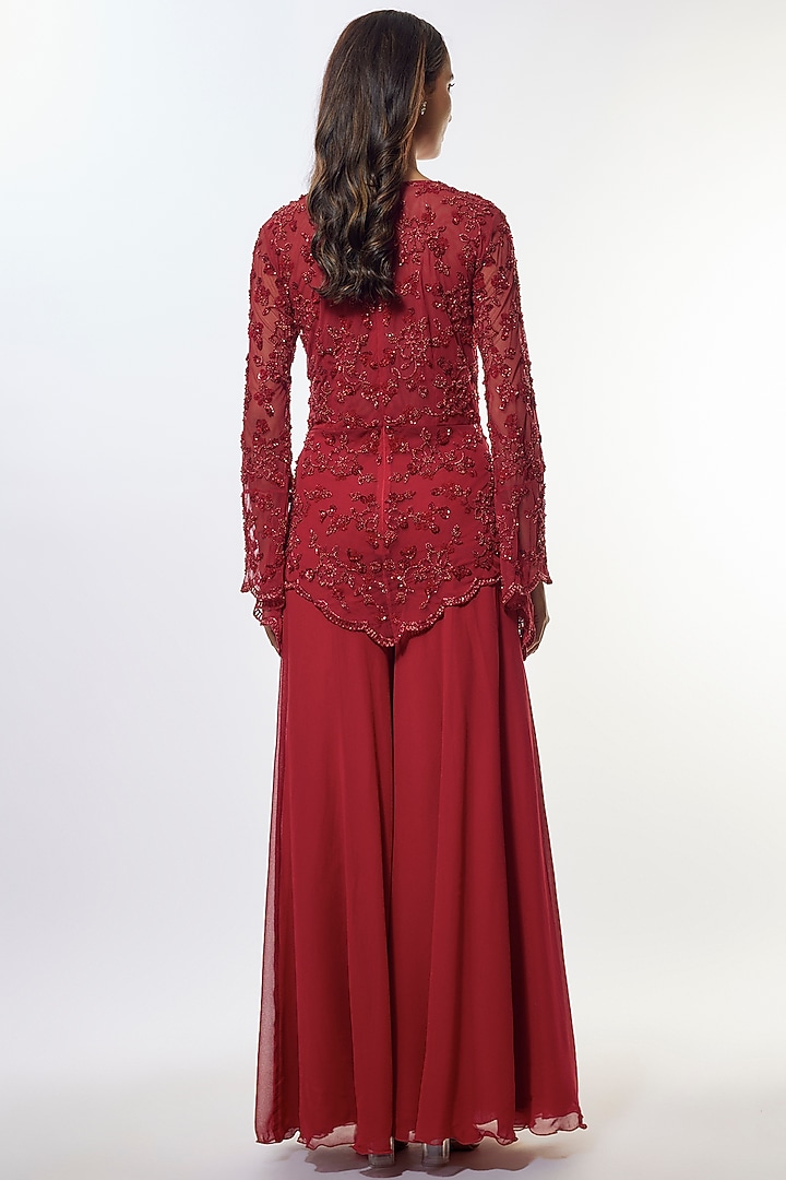 Red Georgette Wedding Sharara Set by Malasa at Pernia's Pop Up Shop