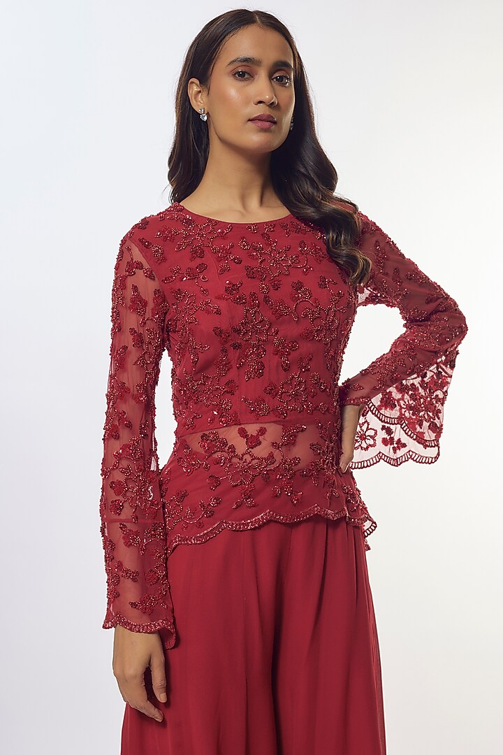Red Georgette Wedding Sharara Set by Malasa at Pernia's Pop Up Shop