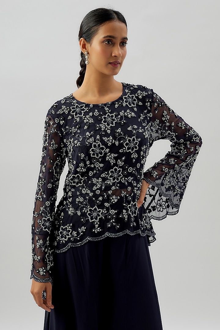 Blue Georgette Pearl Work Wedding Sharara Set by Malasa at Pernia's Pop Up Shop