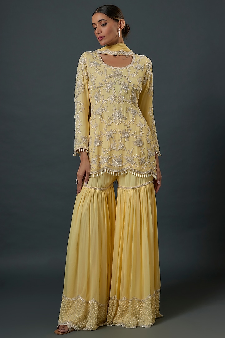 Yellow Georgette Cutdana Embroidered Sharara Set by Malasa at Pernia's Pop Up Shop