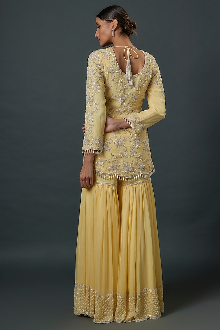 Yellow Georgette Cutdana Embroidered Bridal Sharara Set by Malasa at Pernia's Pop Up Shop