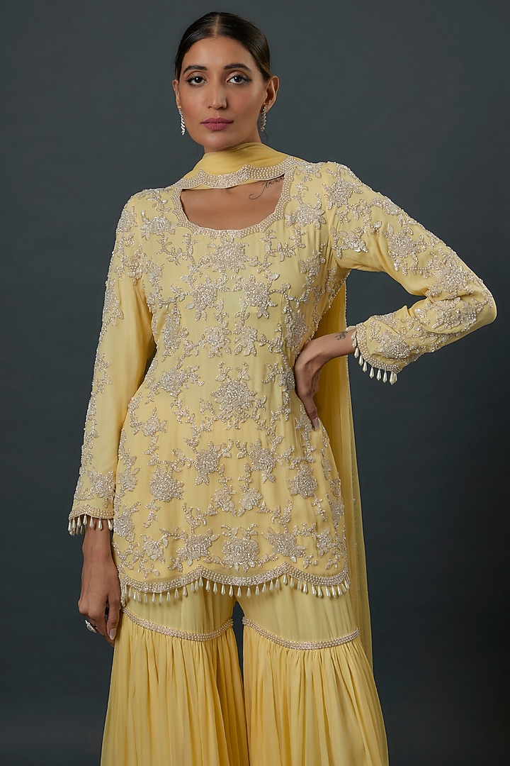 Yellow Georgette Cutdana Embroidered Bridal Sharara Set by Malasa at Pernia's Pop Up Shop