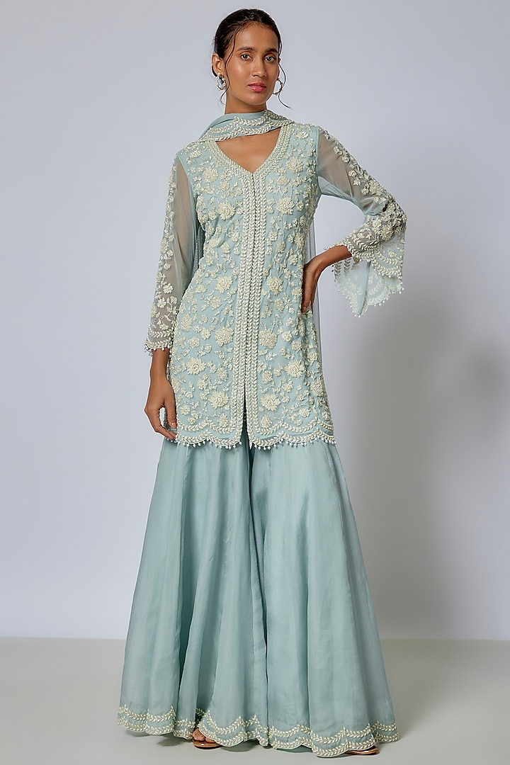 Ice Blue Organza Cutdana & Pearl Work Sharara Set by Malasa at Pernia's Pop Up Shop