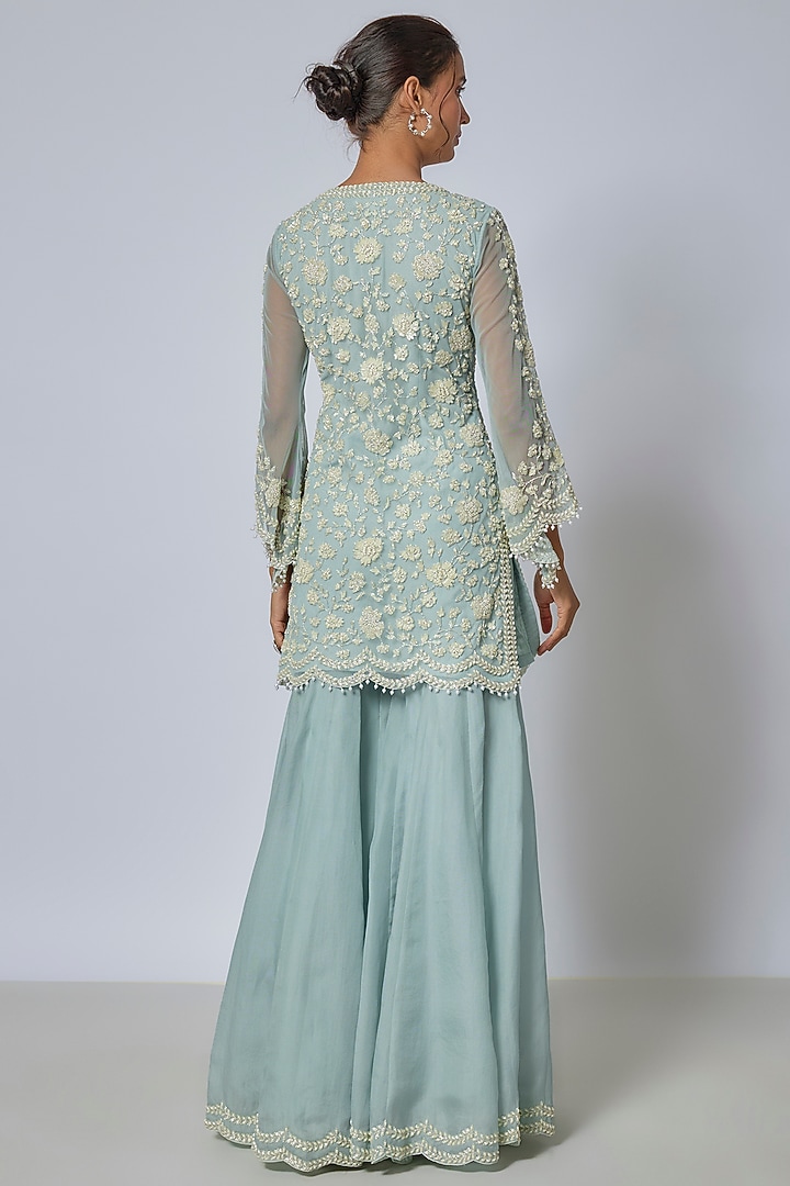 Ice Blue Organza Cutdana & Pearl Work Bridal Sharara Set by Malasa at Pernia's Pop Up Shop