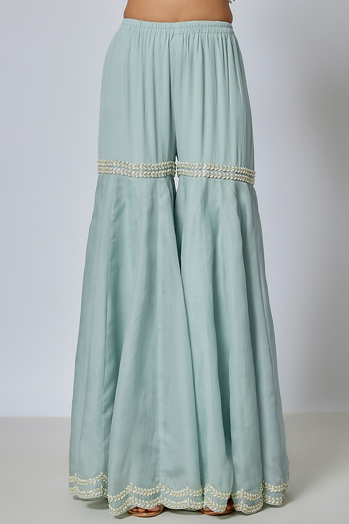 Ice Blue Organza Cutdana & Pearl Work Bridal Sharara Set by Malasa at Pernia's Pop Up Shop
