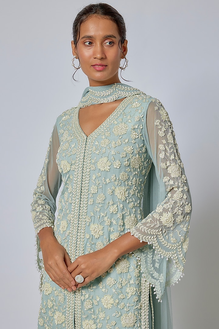 Ice Blue Organza Cutdana & Pearl Work Bridal Sharara Set by Malasa at Pernia's Pop Up Shop