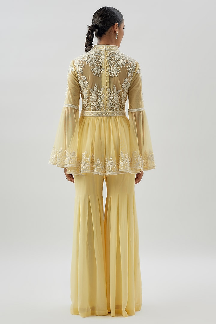 Yellow Georgette Pearl Work Wedding Sharara Set by Malasa at Pernia's Pop Up Shop