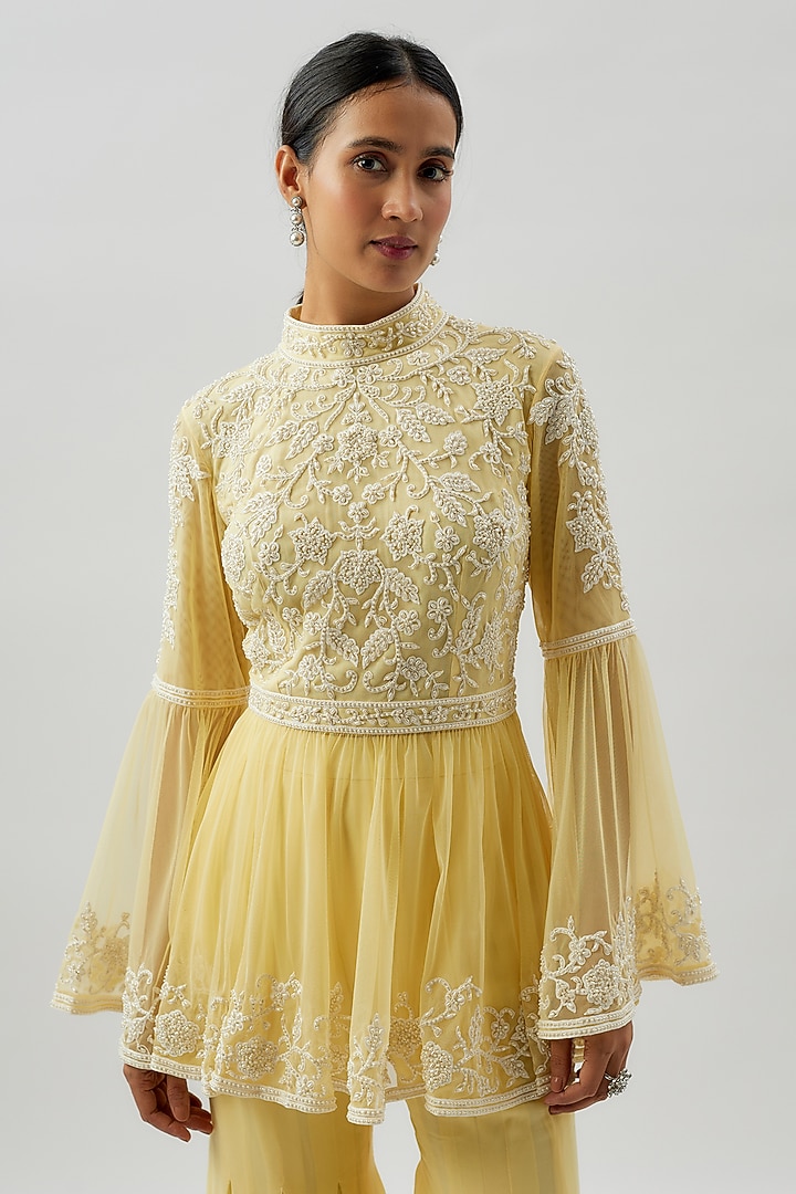 Yellow Georgette Pearl Work Wedding Sharara Set by Malasa at Pernia's Pop Up Shop