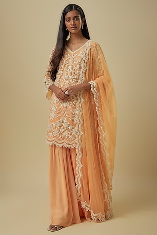 Peach Net Pearl Work Kurta Set by Malasa