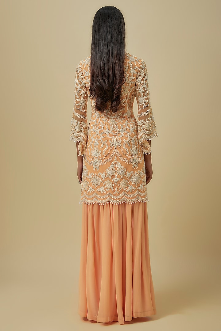 Peach Net Pearl Work Kurta Set by Malasa at Pernia's Pop Up Shop