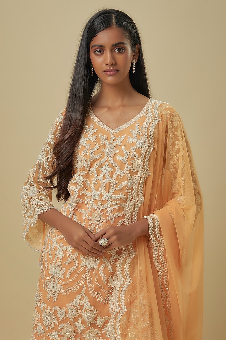 Peach Net Pearl Work Kurta Set by Malasa at Pernia's Pop Up Shop