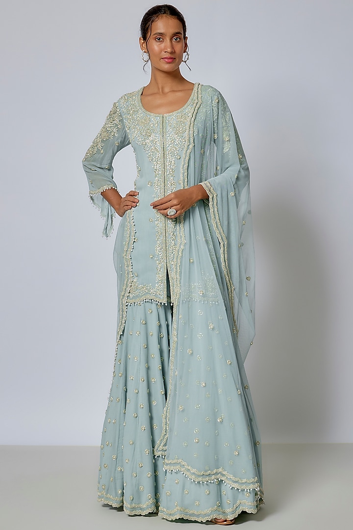 Ice Blue Georgette Cutdana & Pearl Work Sharara Set by Malasa at Pernia's Pop Up Shop