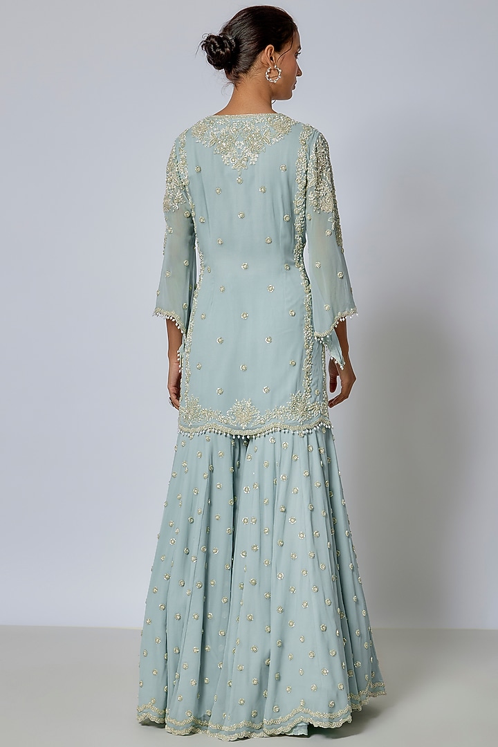 Ice Blue Georgette Cutdana & Pearl Work Bridal Sharara Set by Malasa at Pernia's Pop Up Shop