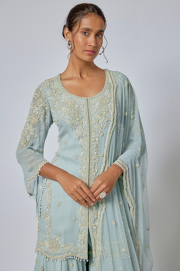 Ice Blue Georgette Cutdana & Pearl Work Bridal Sharara Set by Malasa at Pernia's Pop Up Shop