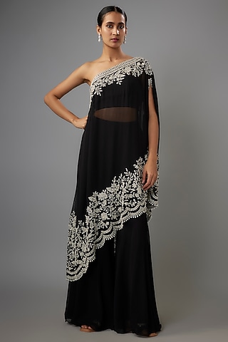 Black Georgette Cutdana & Pearl Work Cape Set by Malasa