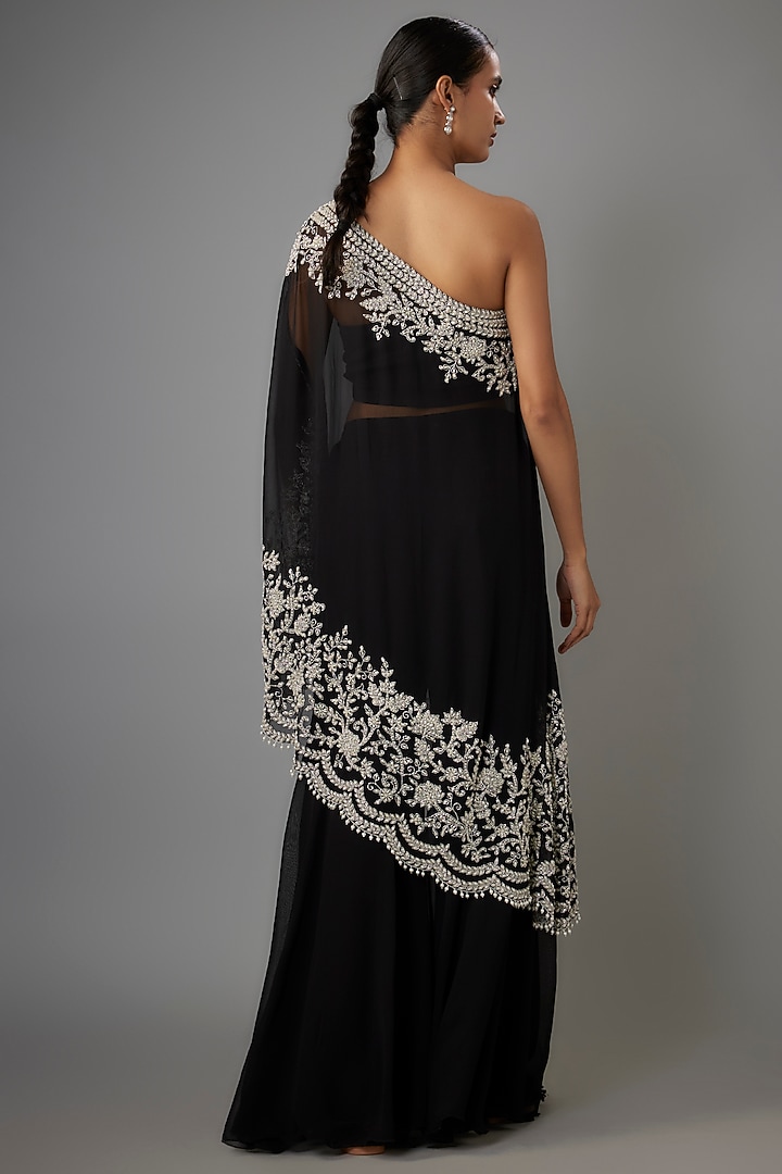 Black Georgette Cutdana & Pearl Work Cape Set by Malasa at Pernia's Pop Up Shop