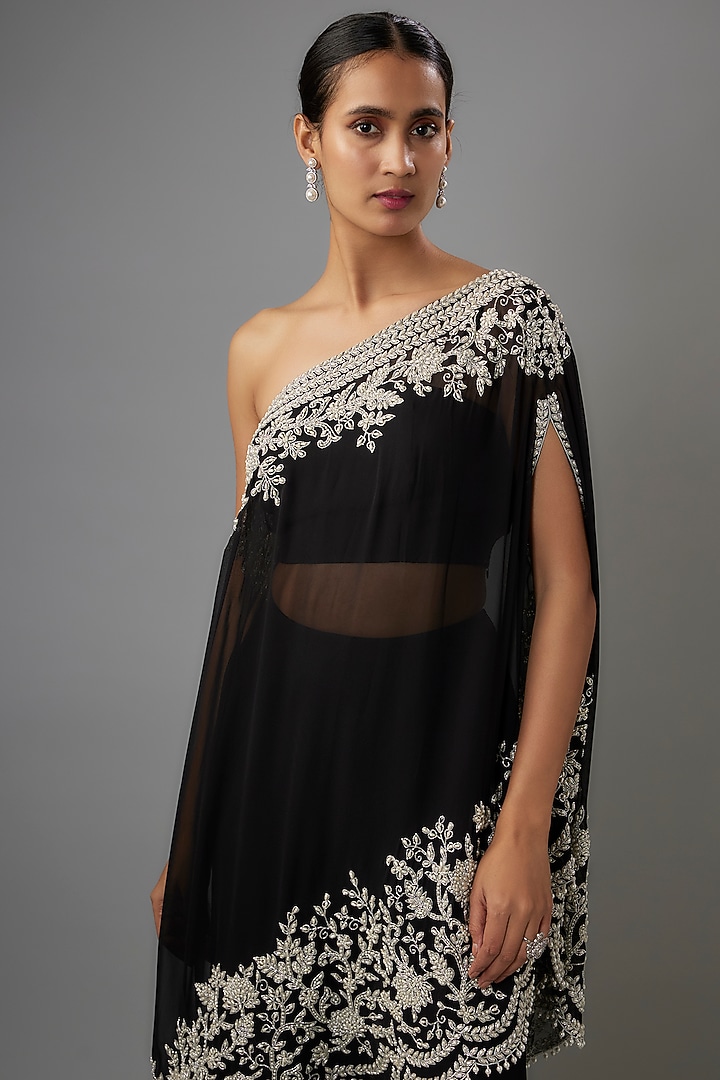 Black Georgette Cutdana & Pearl Work Cape Set by Malasa at Pernia's Pop Up Shop
