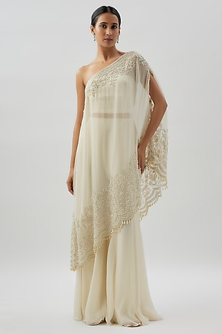 Cream Georgette Pearl Work Sharara Set by Malasa