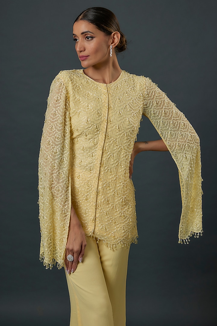 Yellow Georgette Cutdana Embroidered Jacket Set by Malasa at Pernia's Pop Up Shop