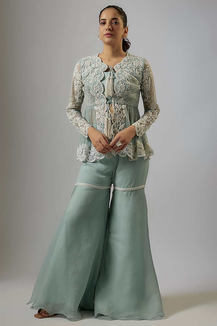 Ice Blue Net Cutdana Embroidered Peplum Jacket Set by Malasa at Pernia's Pop Up Shop