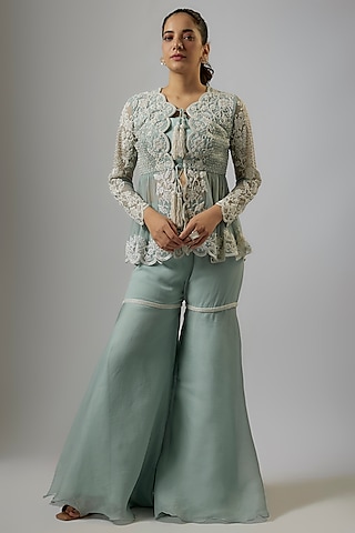 Ice Blue Net Cutdana Embroidered Peplum Jacket Set by Malasa