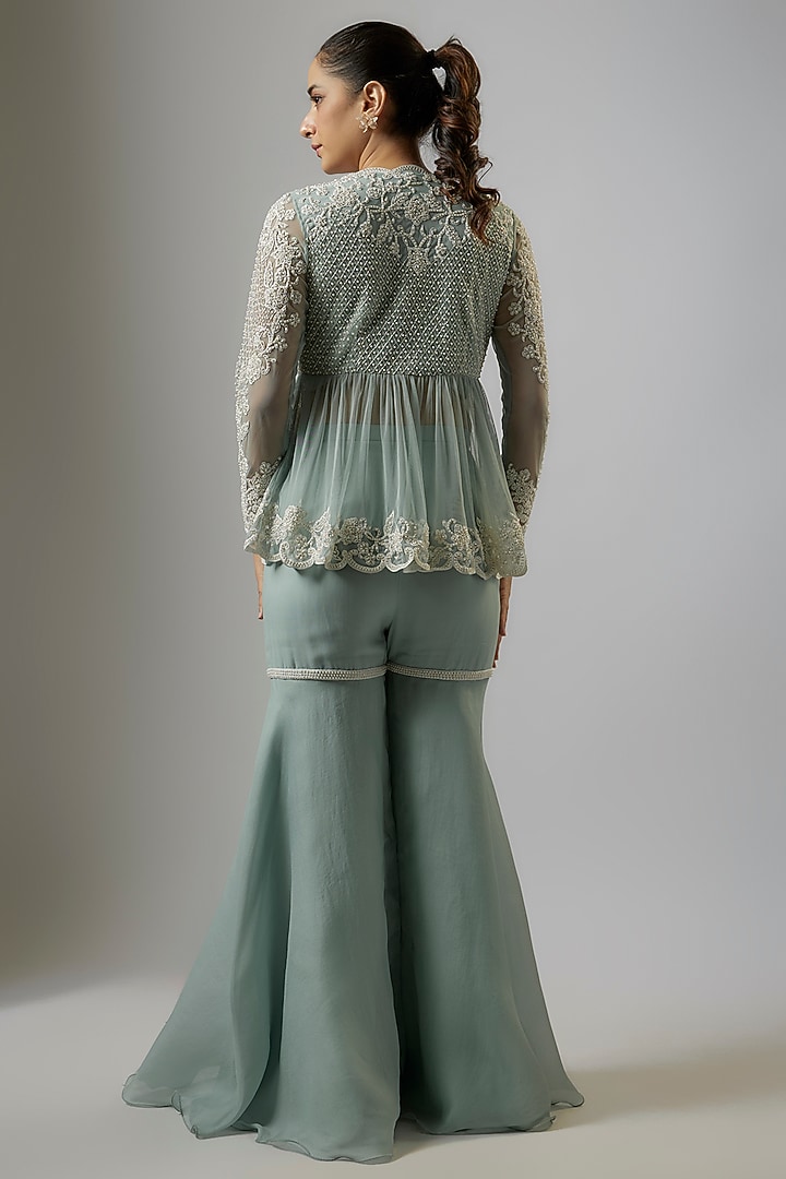 Ice Blue Net Cutdana Embroidered Peplum Jacket Set by Malasa at Pernia's Pop Up Shop