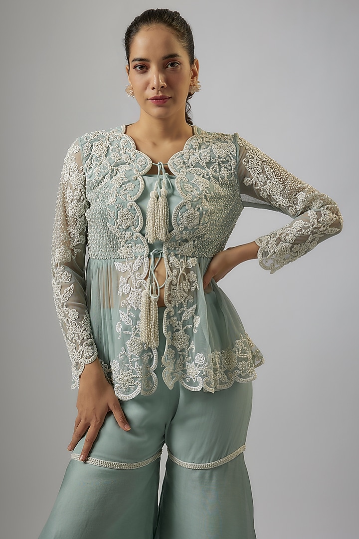 Ice Blue Net Cutdana Embroidered Peplum Jacket Set by Malasa at Pernia's Pop Up Shop