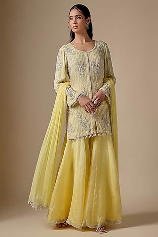 Yellow Organza Sharara Set by Malasa