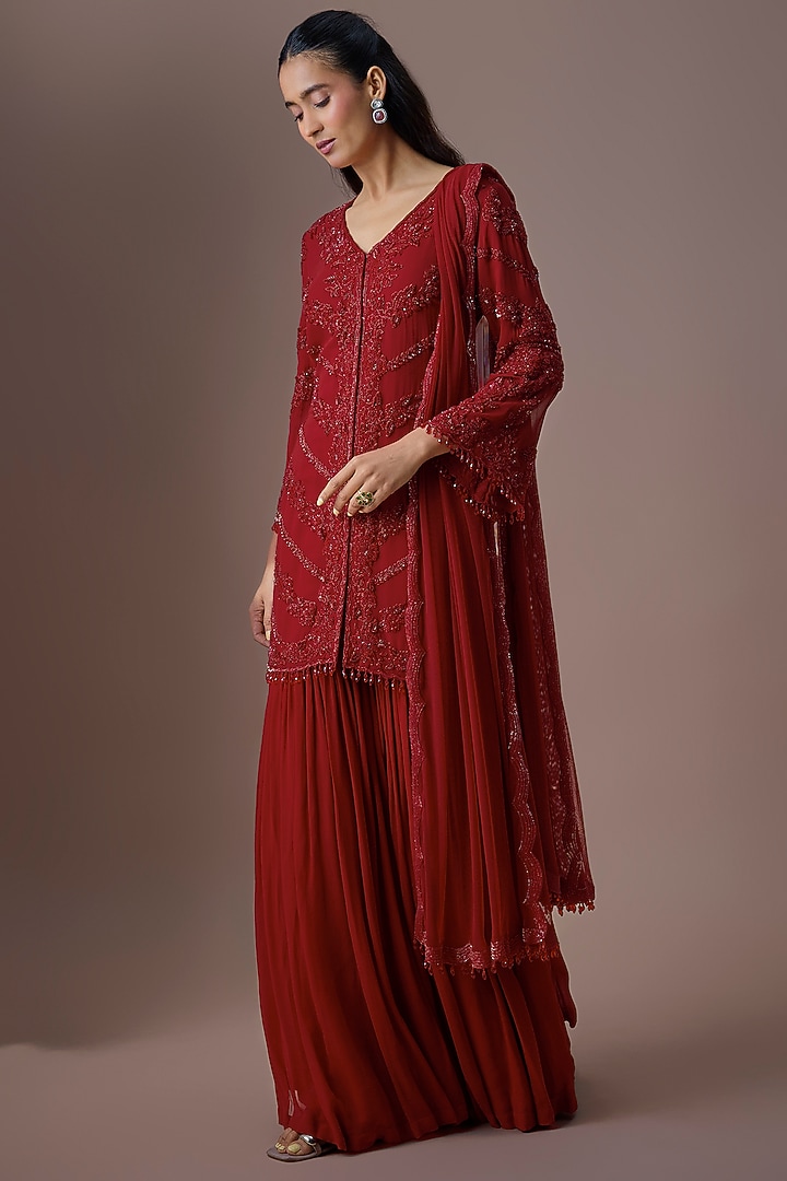 Red Organza Wedding Sharara Set by Malasa at Pernia's Pop Up Shop