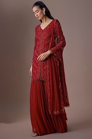 Red Organza Sharara Set by Malasa