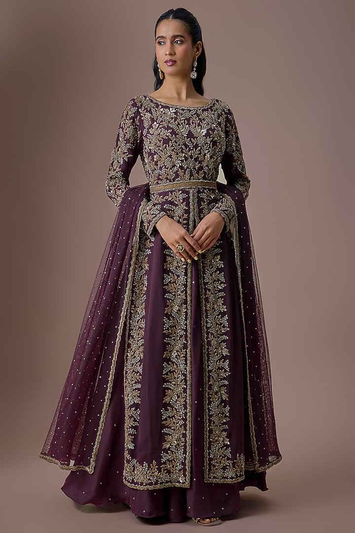 Purple Georgette Cutdana Work Jacket Set by Malasa at Pernia's Pop Up Shop