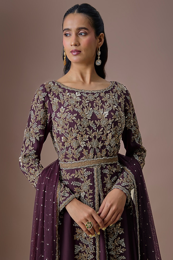 Purple Georgette Cutdana Work Jacket Set by Malasa at Pernia's Pop Up Shop