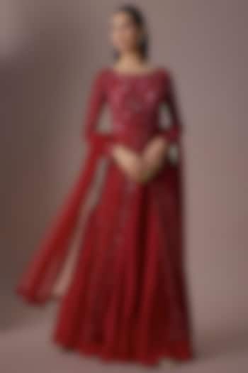 Red Net Cutdana Work Jacket Set by Malasa at Pernia's Pop Up Shop