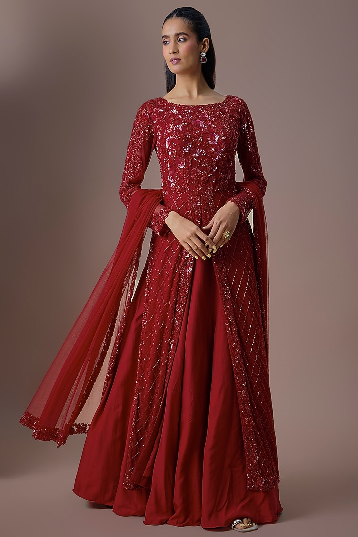 Red Net Cutdana Work Jacket Set by Malasa at Pernia's Pop Up Shop