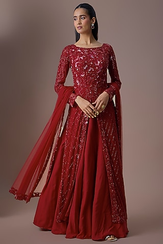 Red Net Cutdana Work Jacket Set by Malasa