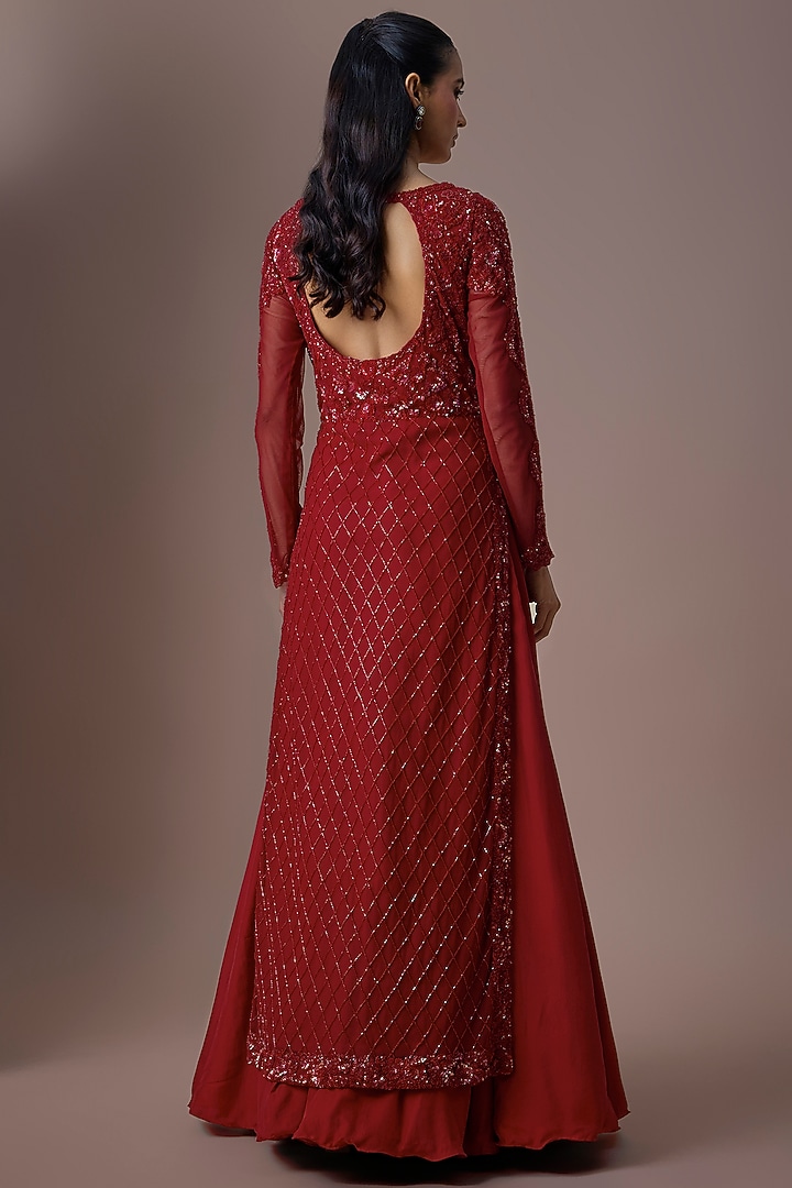 Red Net Cutdana Work Jacket Set by Malasa at Pernia's Pop Up Shop