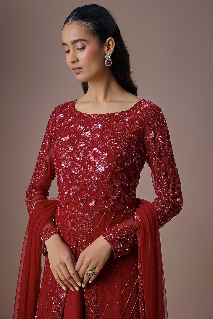Red Net Cutdana Work Jacket Set by Malasa at Pernia's Pop Up Shop