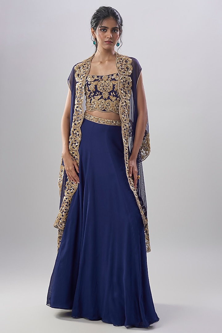 Blue Georgette Cutdana Embroidered Skirt Set by Malasa at Pernia's Pop Up Shop