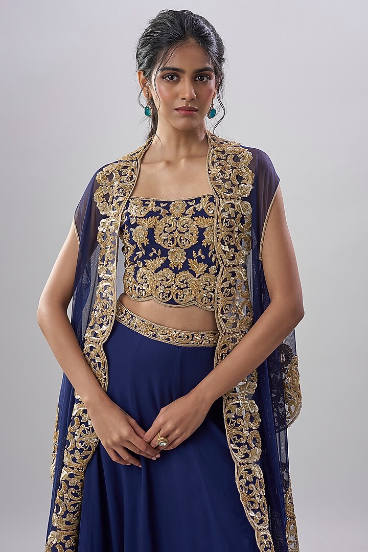 Blue Georgette Cutdana Embroidered Skirt Set by Malasa at Pernia's Pop Up Shop