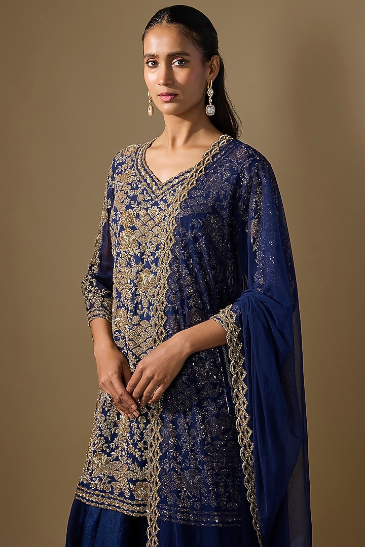 Blue Organza Bridal Sharara Set by Malasa at Pernia's Pop Up Shop