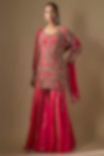 Hot Pink Georgette Dabka Work Jacket Set by Malasa at Pernia's Pop Up Shop