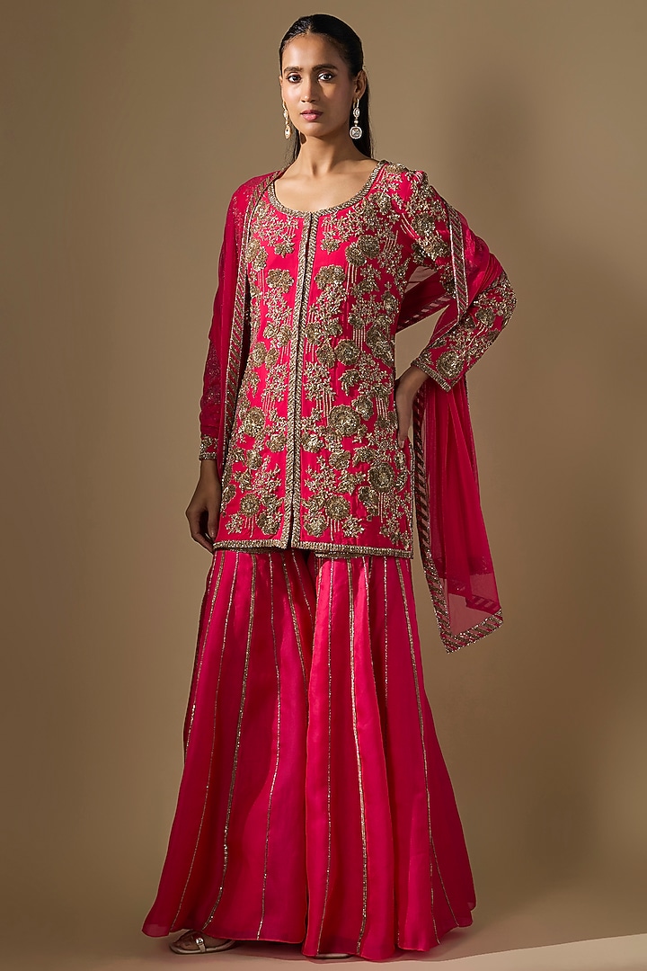 Hot Pink Georgette Dabka Work Jacket Set by Malasa at Pernia's Pop Up Shop