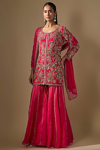 Hot Pink Georgette Dabka Work Jacket Set by Malasa