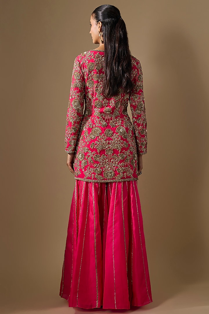Hot Pink Georgette Dabka Work Jacket Set by Malasa at Pernia's Pop Up Shop