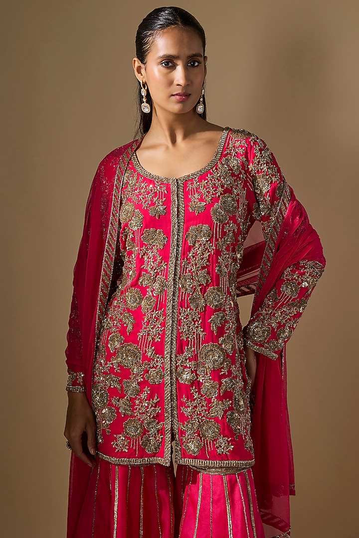 Hot Pink Georgette Dabka Work Jacket Set by Malasa at Pernia's Pop Up Shop