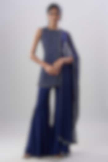 Blue Georgette Nalki Embroidered Wedding Sharara Set by Malasa at Pernia's Pop Up Shop